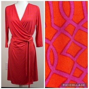 Charlie Paige pink, orange preppy geometric print long sleeve midi wrap dress M